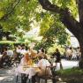 Donau-Rad-Hotel Gasthof Böhm, © Donau-Rad-Hotel Gasthof Böhm Menschen sitzen im Freien unter Bäumen an Tischen und genießen eine Mahlzeit.