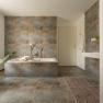 Modernes Badezimmer mit Badewanne, Pflanzen und Handtuch.