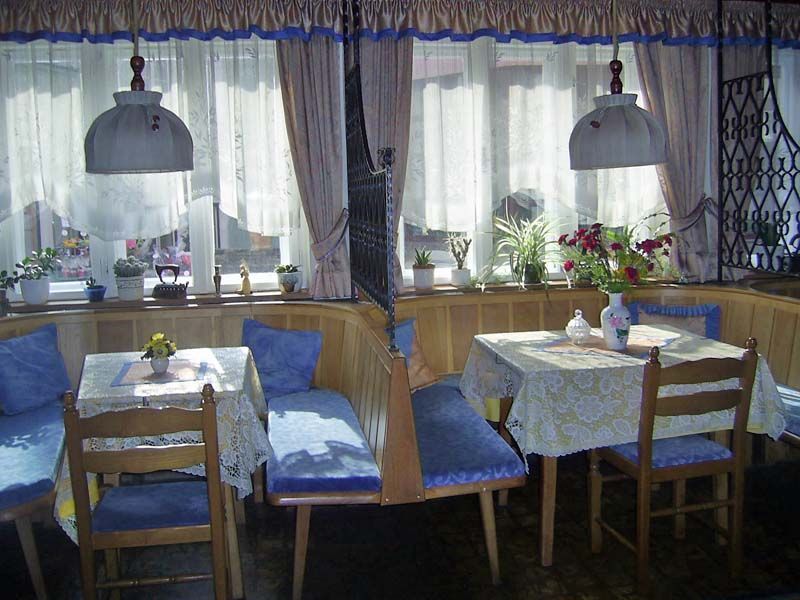Gemütlicher Frühstücksraum mit Holzmöbeln und blauen Polstern, dekoriert mit Pflanzen und Blumen.