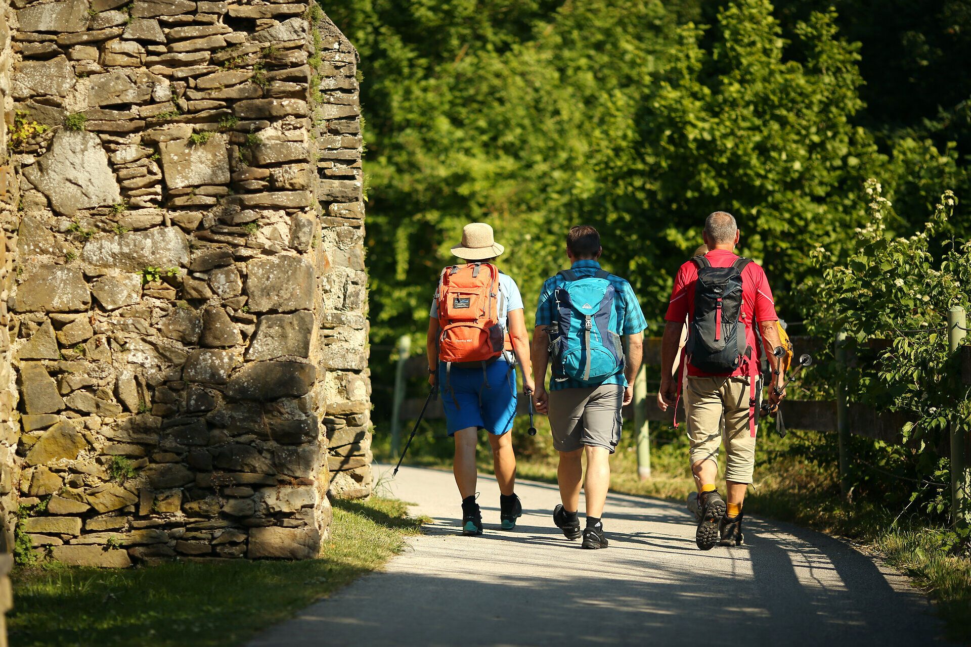 Wanderer genießen die sanfte Brise und die malerische Landschaft, während sie auf dem Pilgerweg Via Sacra unterwegs sind. Umgeben von üppigem Grün und alten Steinmauern, vermittelt die Szenerie ein Gefühl von Ruhe und Verbundenheit mit der Natur. Der Sommer in den Bergen lädt dazu ein, die Seele baumeln zu lassen und die Schönheit der Umgebung zu erkunden.
