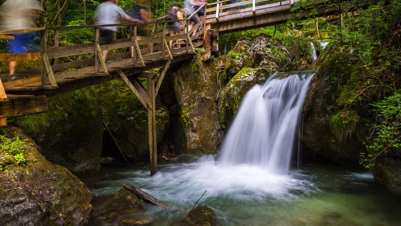 Holzbr&uuml;cke &uuml;ber Wasserfall in bewaldeter Umgebung.