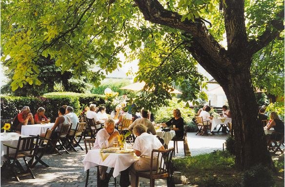 Menschen sitzen im Freien unter Bäumen an Tischen und genießen eine Mahlzeit.