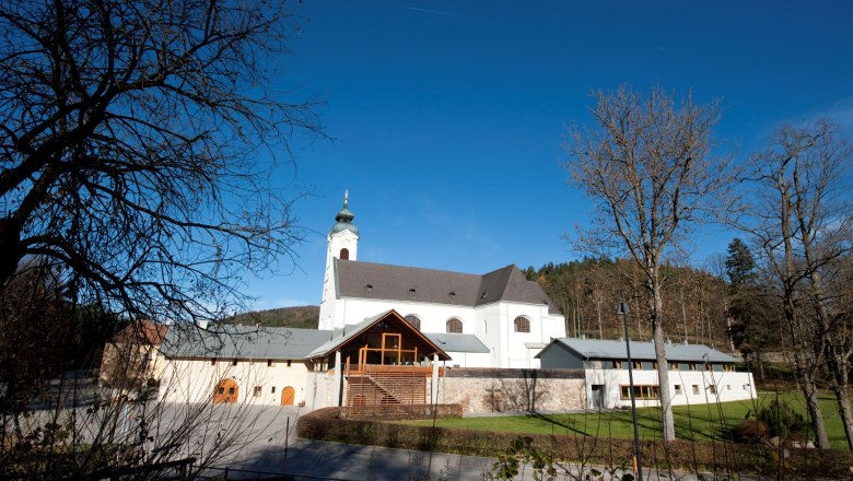 Wallfahrtskirche Klein-Mariazell mit blauem Himmel und B&auml;umen im Vordergrund.