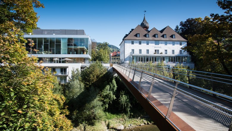 Moderne und historische Gebäude mit Brücke in grüner Umgebung.