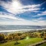 Panoramablick auf eine Flusslandschaft mit grünen Feldern und blauem Himmel.