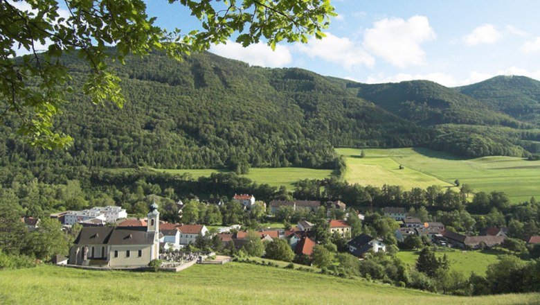 Blick auf Altenmarkt mit Kirche und grüner Landschaft im Hintergrund.