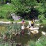 Kinder spielen an einem Teich im Grünen mit Seerosen und Schilf.