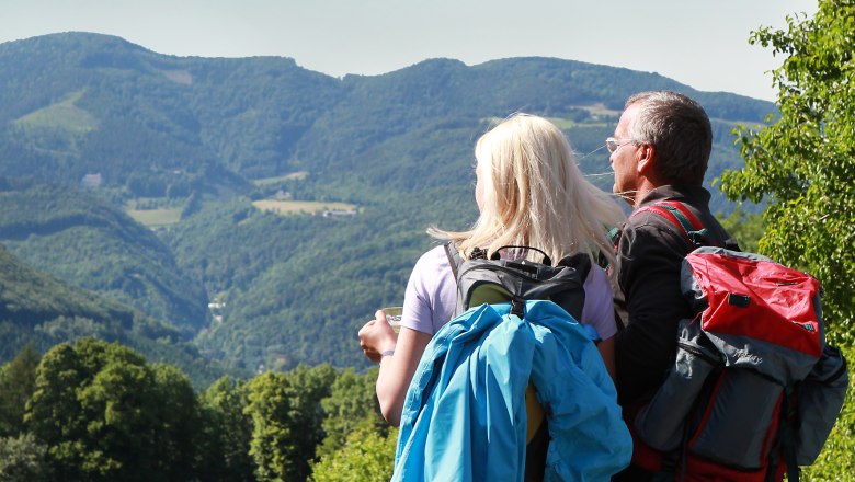 Zwei Wanderer mit Rucksäcken blicken auf eine bergige Landschaft.