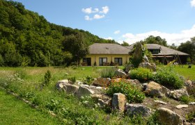 Ein gelbes Haus mit Garten und Felsen im Vordergrund, umgeben von Bäumen.