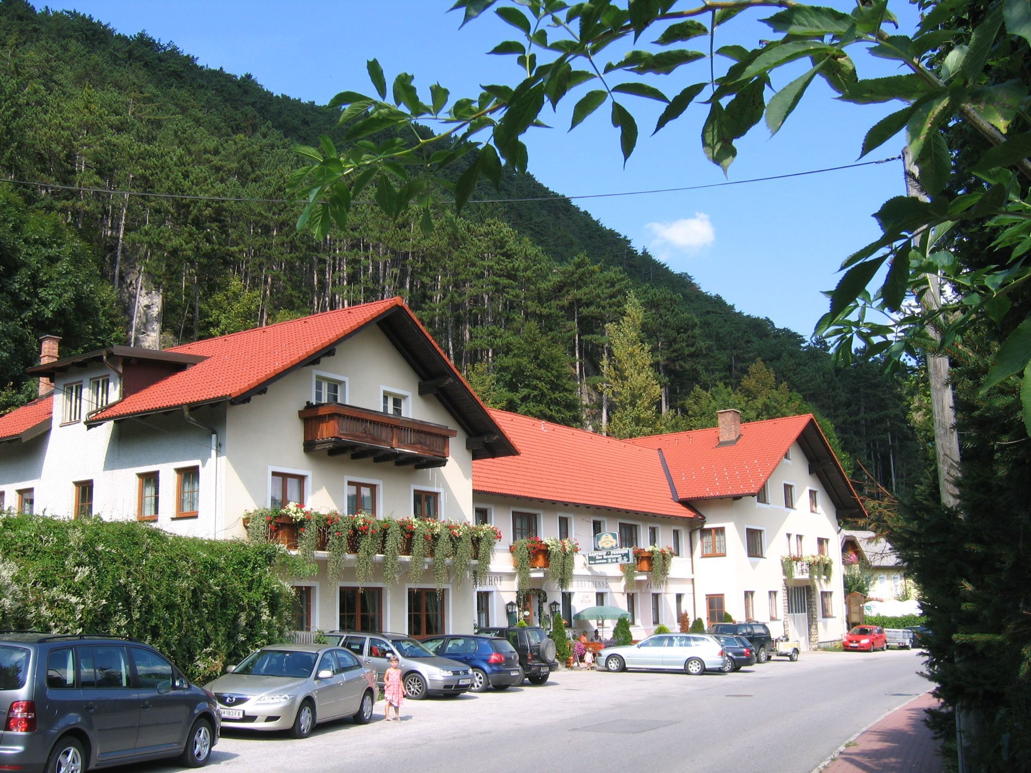 Ein traditioneller Gasthof mit roten Dächern und Blumenkästen, umgeben von Wald und geparkten Autos.