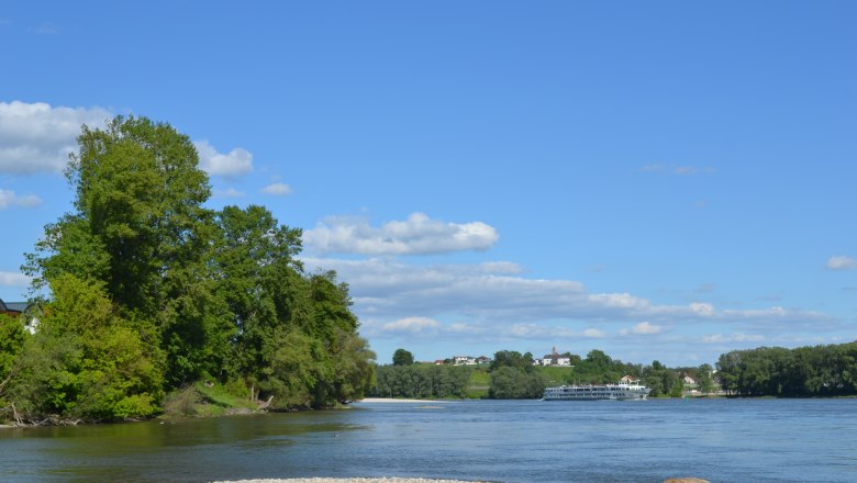 Flusslandschaft mit Bäumen und einem Schiff auf der Donau.