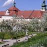 Historischer Hofgarten mit blühenden Bäumen und einem großen Gebäude im Hintergrund.