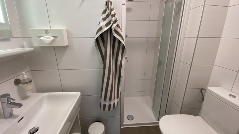 Modernes Badezimmer mit Dusche, Waschbecken und Toilette.