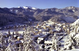 Winterliche Landschaft von St. Aegyd mit schneebedeckten Häusern und Bergen im Hintergrund.